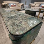 Refined Deep Green Textured TV Stand with Marble Top, Gold Metal Base and Concealed Storage Compartments